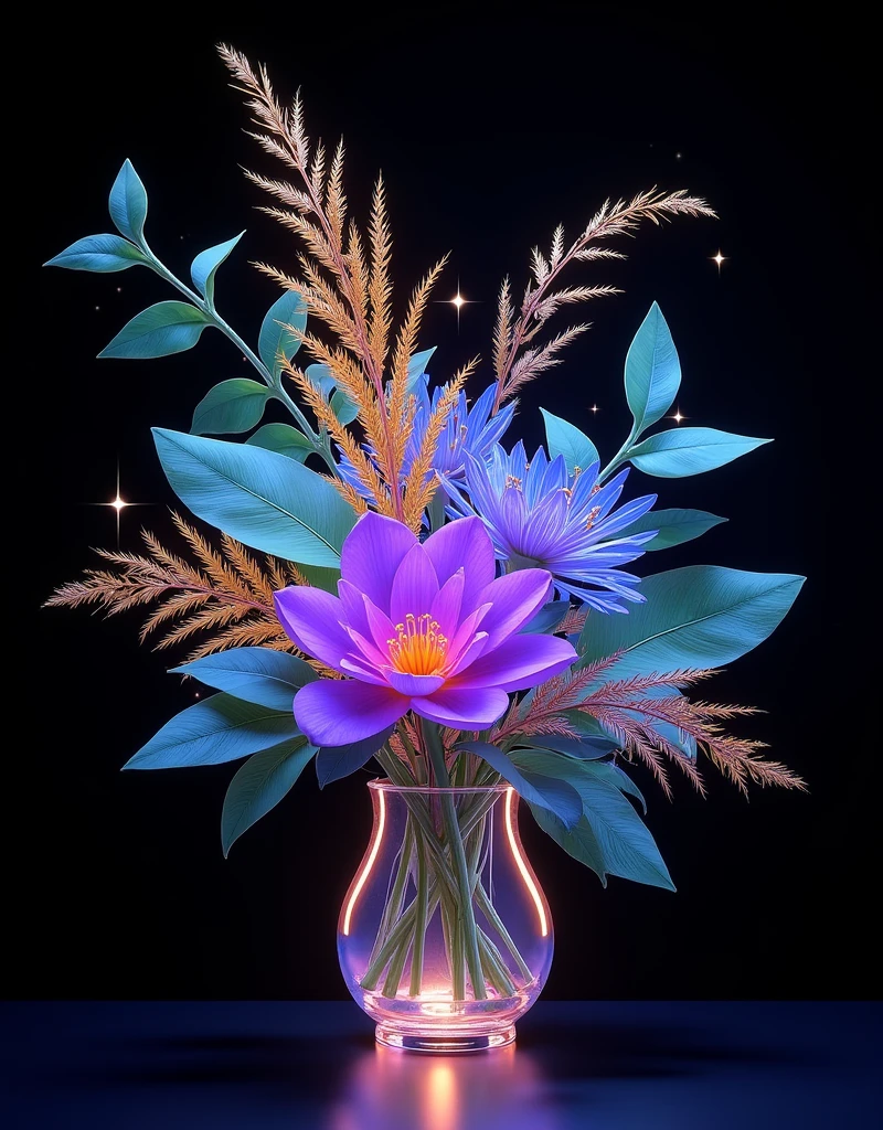 A minimalistic botanical arrangement with invert colors and glowing lines. The composition features intricate details with semi-transparent neon-green leaves and golden fronds, cascading foliage, and radiant purple and blue flowers. The outlines are inverted and glowing, creating an ethereal and luminous effect. The scene emphasizes shine, soft gradients, and a magical ambiance. It includes glowing particles, light reflections, and a sleek glass base against a dark background. The arrangement is voluminous yet balanced, with a watercolor effect and soft digital airbrushing. The style focuses on airy richness, intricate layering, and surreal beauty, enhancing the visual impact with radiant glow and vibrant neon aesthetics.
