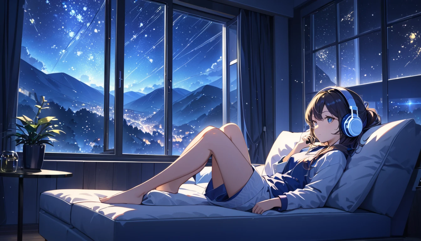  best quality, headphones sitting comfortably on the couch at night,Girl wearing ,In front of a large window, starry sky 