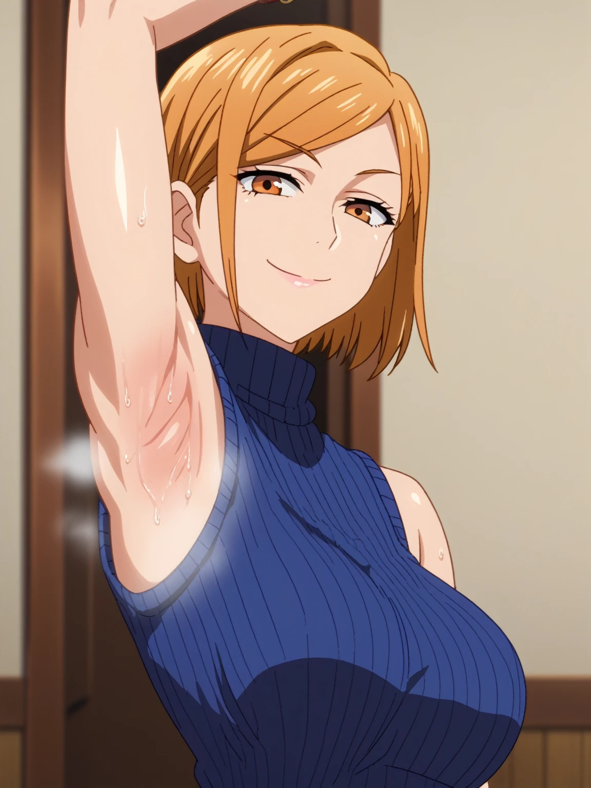 score_9, score_8_up, score_7_up, source_anime, anime screencap, 1girl, solo, kugisaki nobara, orange eyes, blonde hair, orange sweater, sleeveless sweater, turtleneck sweater, ribbed sweater, arm up, raised arm, armpit, from side, looking at viewer, head towards viewer, smile, closed mouth, badhandv4, indoors , detailed armpits, sweaty armpits, armpit steam