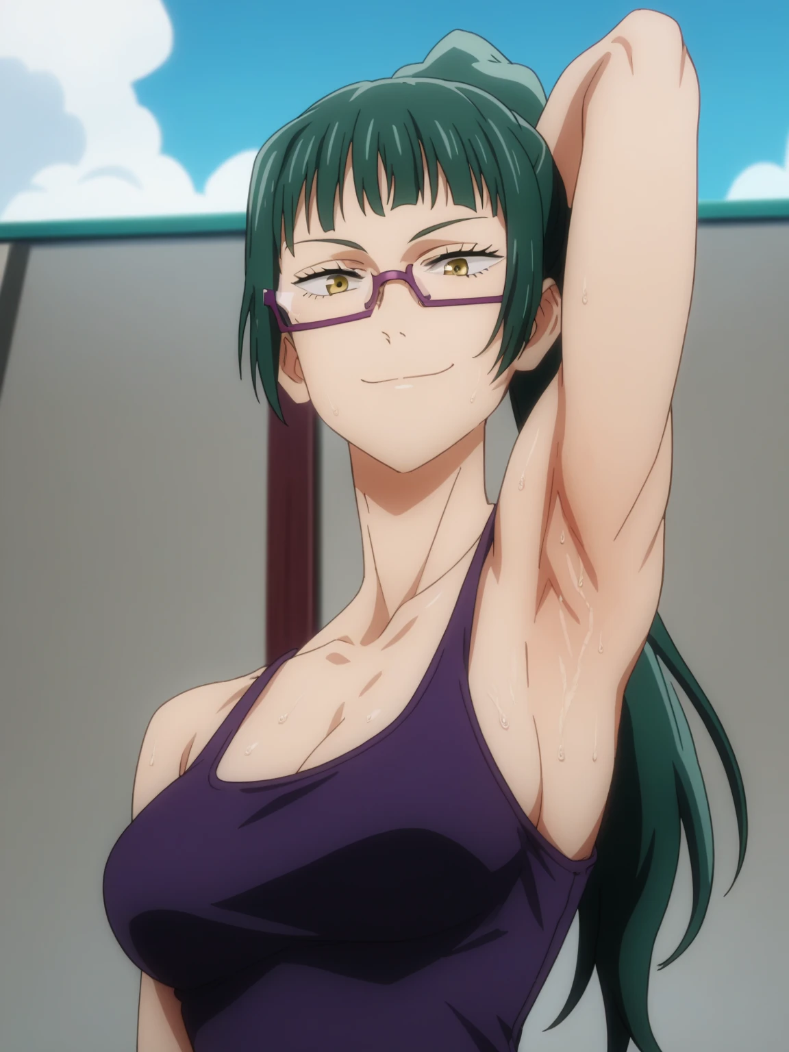 score_9, score_8_up, score_7_up, source_anime, anime screencap, 1girl, solo, celestine, maki zenin, long hair, ponytail,  green hair, yellow eyes, large breasts, purple outfit, glasses, arm behind head, armpit, armpit focus, from side, (from below:1.1), looking at viewer, head towards viewer, smile, closed mouth, badhandv4, outdoors, day, sweaty armpits, sweating