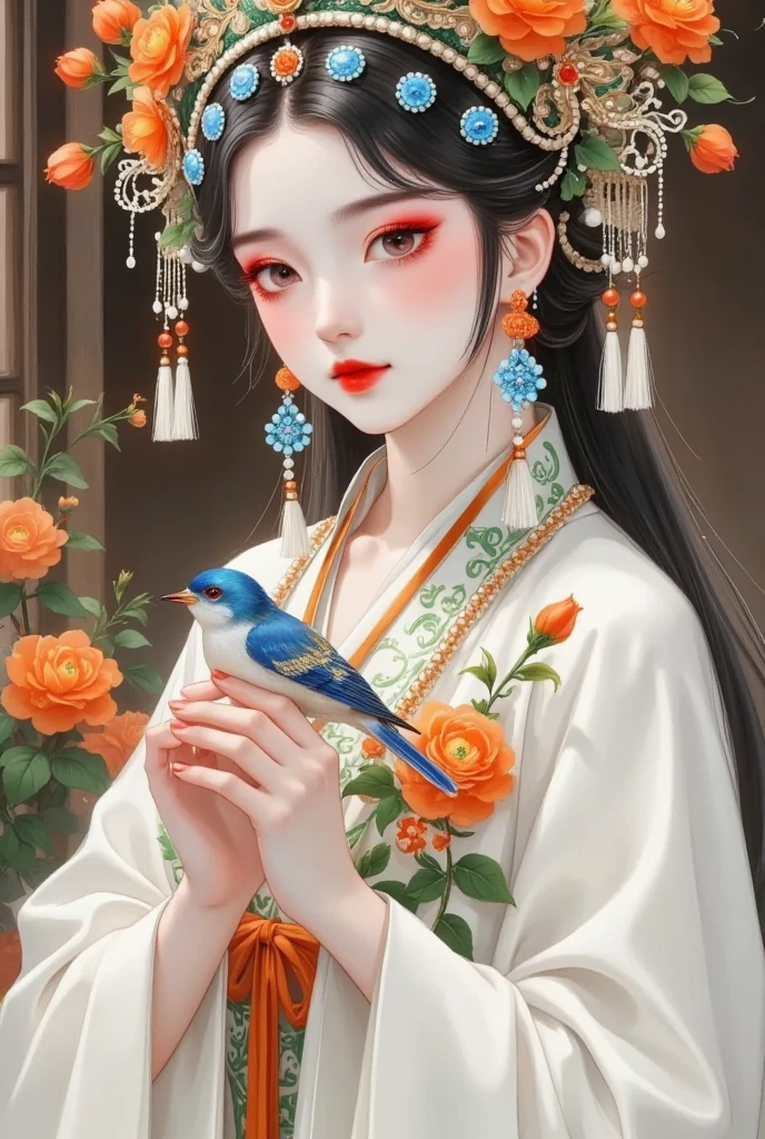 Close-up of a woman holding a bird in her hand, A detailed painting inspired by Lan Ying,  is popular in the CG community, Fantasy Art, palace ，  girl in Hanfu, Beautiful character painting, Chinese Princess, ancient Chinese Princess,  a beautiful fantasy queen,  traditional Chinese , Chinese, Chinese Girl, 8K)),  Ancient Chinese Art Style 