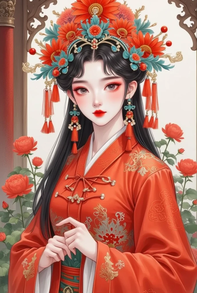 A woman with long dark hair in a red dress and flower crown, Chinese Princess, palace ，  girl in Hanfu, ancient Chinese Princess, The Queen of China , Chinese,  a beautiful fantasy queen,  Ancient Chinese Art Style , 精致的数字插图, artstrationTrend ,  traditional Chinese , Chinese Girl, (( a beautiful fantasy queen)), Inspired by Lan Ying