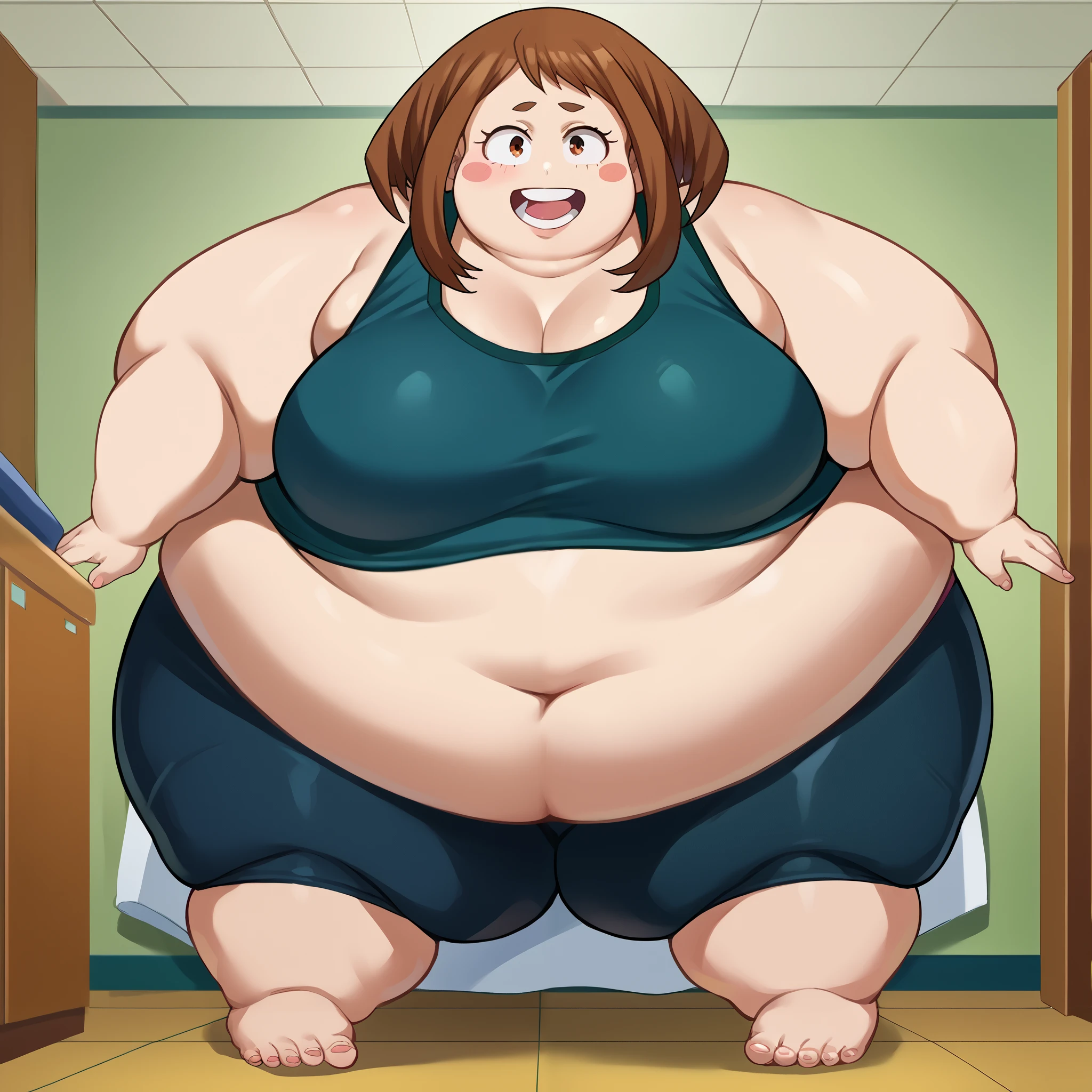 score_9, score_8_up, score_7_up, source_anime,
ochakouraraka, ochako uraraka, brown eyes, brown hair, short hair, blush, blush stickers, smile,
bare shoulders, tank top, midriff, black bike shorts,
indoors,
looking at viewer,  fat, chubby, obese, gigantic arms and legs, large breasts open mouth, out of breath, full body shot,