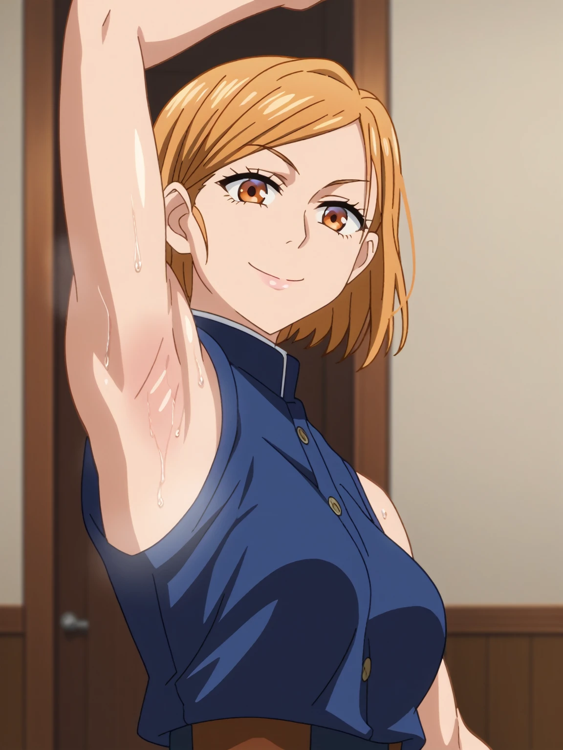 score_9, score_8_up, score_7_up, source_anime, anime screencap, 1girl, solo, kugisaki nobara, orange eyes, blonde hair, blue shirt, sleeveless, arm up, raised arm, armpit, from side, looking at viewer, head towards viewer, smile, closed mouth, badhandv4, indoors , detailed armpits, sweaty armpits, armpit steam