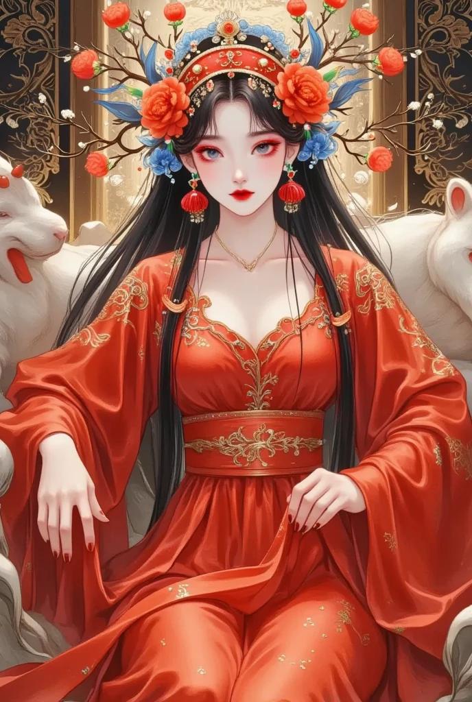 A woman with long dark hair in a red dress and flower crown, Digital painting inspired by Lan Ying,  is popular in the CG community,  digital art, Chinese Princess, palace ，  girl in Hanfu, ancient Chinese Princess, The Queen of China , Chinese,  a beautiful fantasy queen,  Ancient Chinese Art Style , 精致的数字插图, artstrationTrend ,  traditional Chinese 