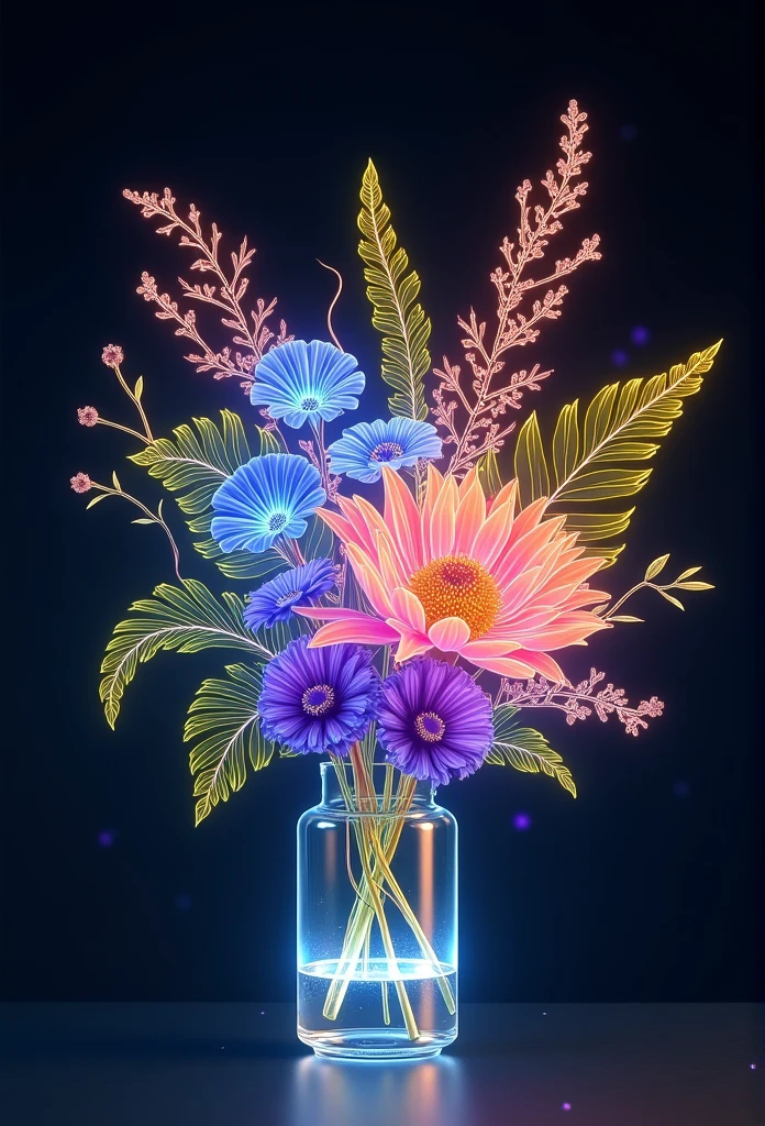 A minimalistic botanical arrangement with invert colors and glowing lines. The composition features intricate details with semi-transparent neon-green leaves and golden fronds, cascading foliage, and radiant purple and blue flowers. The outlines are inverted and glowing, creating an ethereal and luminous effect. The scene emphasizes shine, soft gradients, and a magical ambiance. It includes glowing particles, light reflections, and a sleek glass base against a dark background. The arrangement is voluminous yet balanced, with a watercolor effect and soft digital airbrushing. The style focuses on airy richness, intricate layering, and surreal beauty, enhancing the visual impact with radiant glow and vibrant neon aesthetics.
