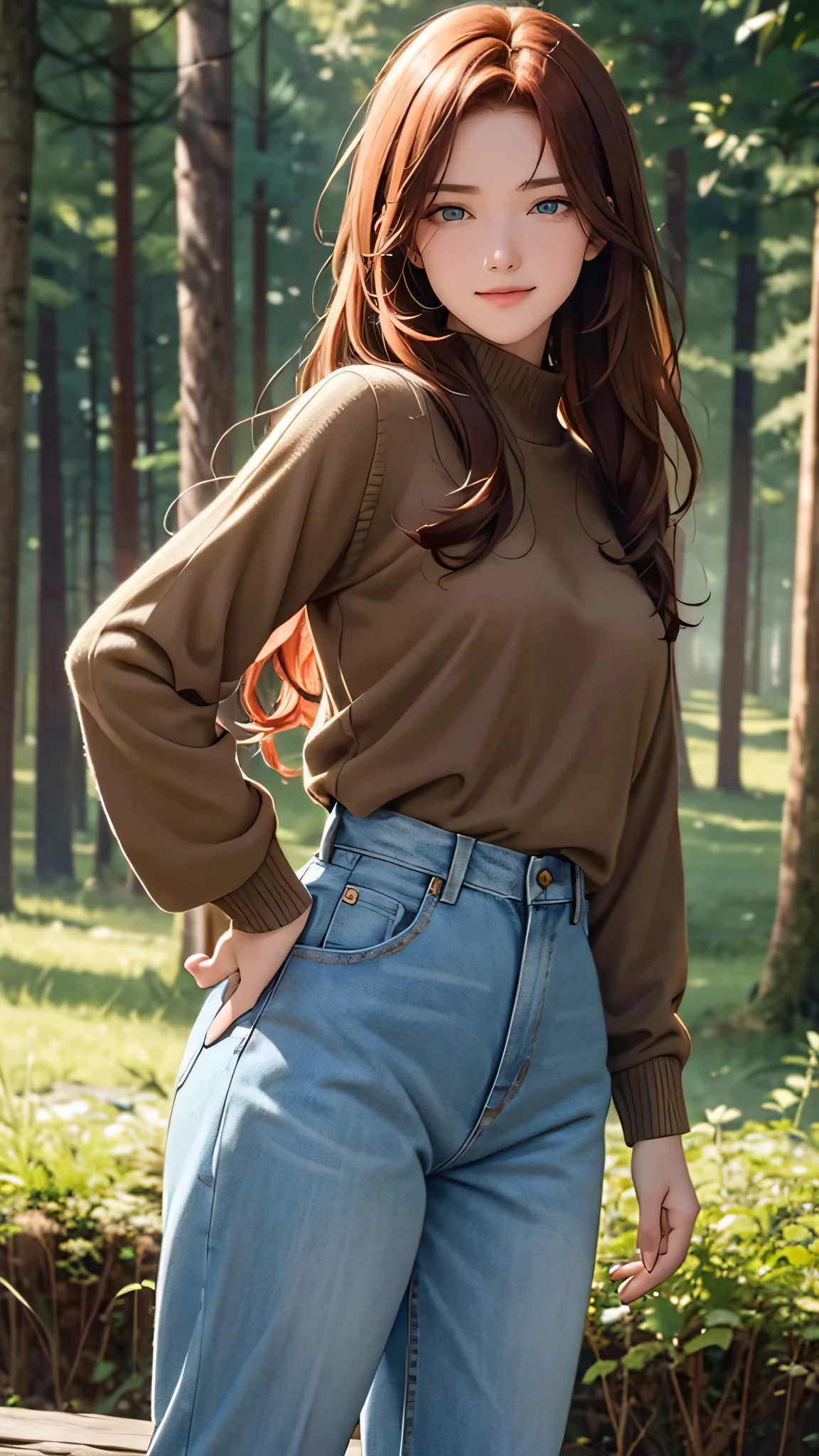1 girl, Centauro Lillieado:1.2),Red hair, Hime brown hair,(cynical eyes, blue eyes), For the,to smile, (embarrassing face) ,forest, forest bottom ,Wearing sweater and jeans pants, master part , extremely detailed CG unit 8k wallpaper, Best Quality ,32K,sharp focus, look at viewers