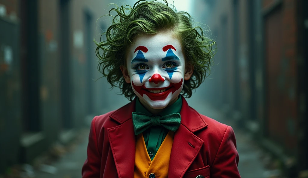 dark and gloomy, hyper realism, 8k, a close up photo of the joker , perfect eyes, lifelike texture, dynamic composition, Fujifilm XT2, 85mm F1.2, 1/80 shutter speed, (bokeh), high contrast, gotham city background