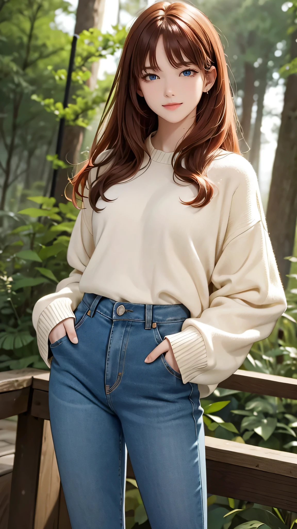1 girl, Centauro Lillieado:1.2),Red hair, Hime brown hair,(cynical eyes, blue eyes), For the,to smile, (embarrassing face) ,forest, forest bottom ,Wearing sweater and jeans pants, master part , extremely detailed CG unit 8k wallpaper,  Best Quality ,32K,sharp focus, look at viewers