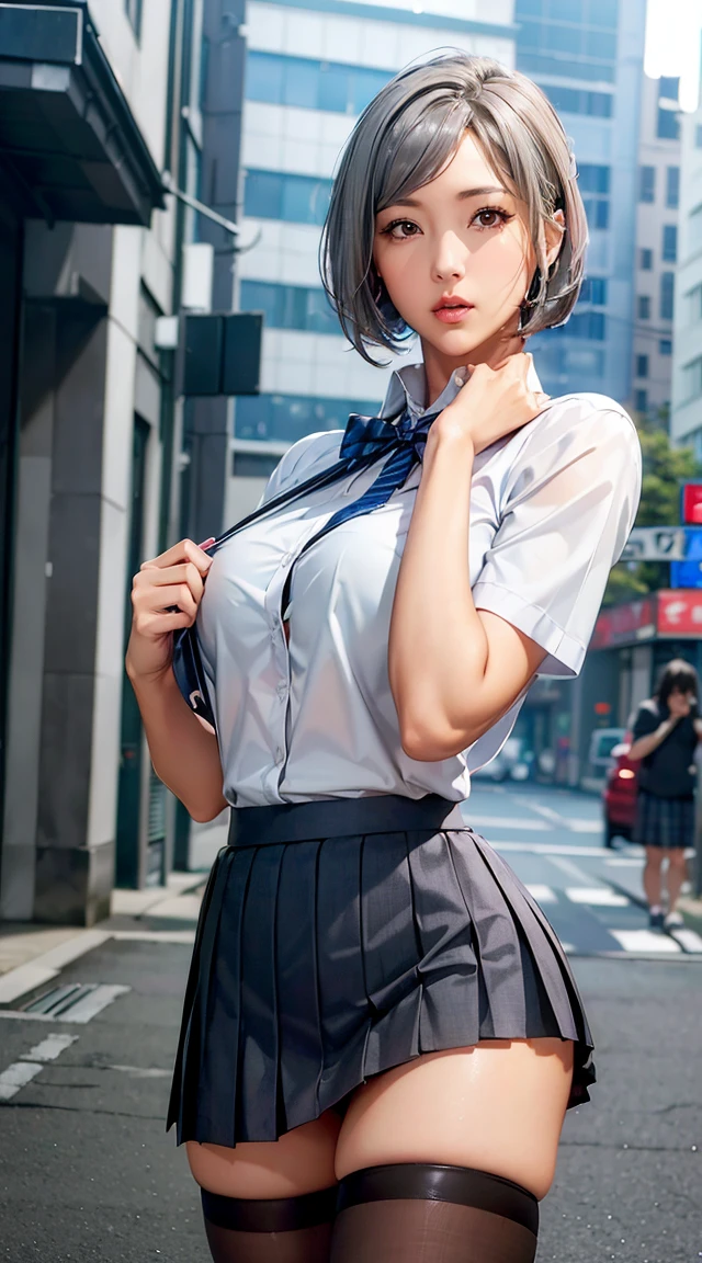 (((Meiko ))),((Stern face))(8k,   RAW photo, masterpiece:1.3), (Realistic, photo-Realistic:1.37), (  knight ), ( Viewers:1.331), (Grey Hair),  pose, tokyo street,   knight cityscape,   Cyberpunk City , Soft light,   1 girl,    beautiful face ,   Bust, Put your hands down, Random hair  style  , Random Expressions, Big Eyes,   Lower abdomen  , (Short sleeve .ＪＫ_ shirt), ＪＫ_  style  , ( dark blue  ＪＫ_ skirt), (bow ＪＫ_tie),  Mix 4.,   best quality,(( skirtめくれている)) pussy、