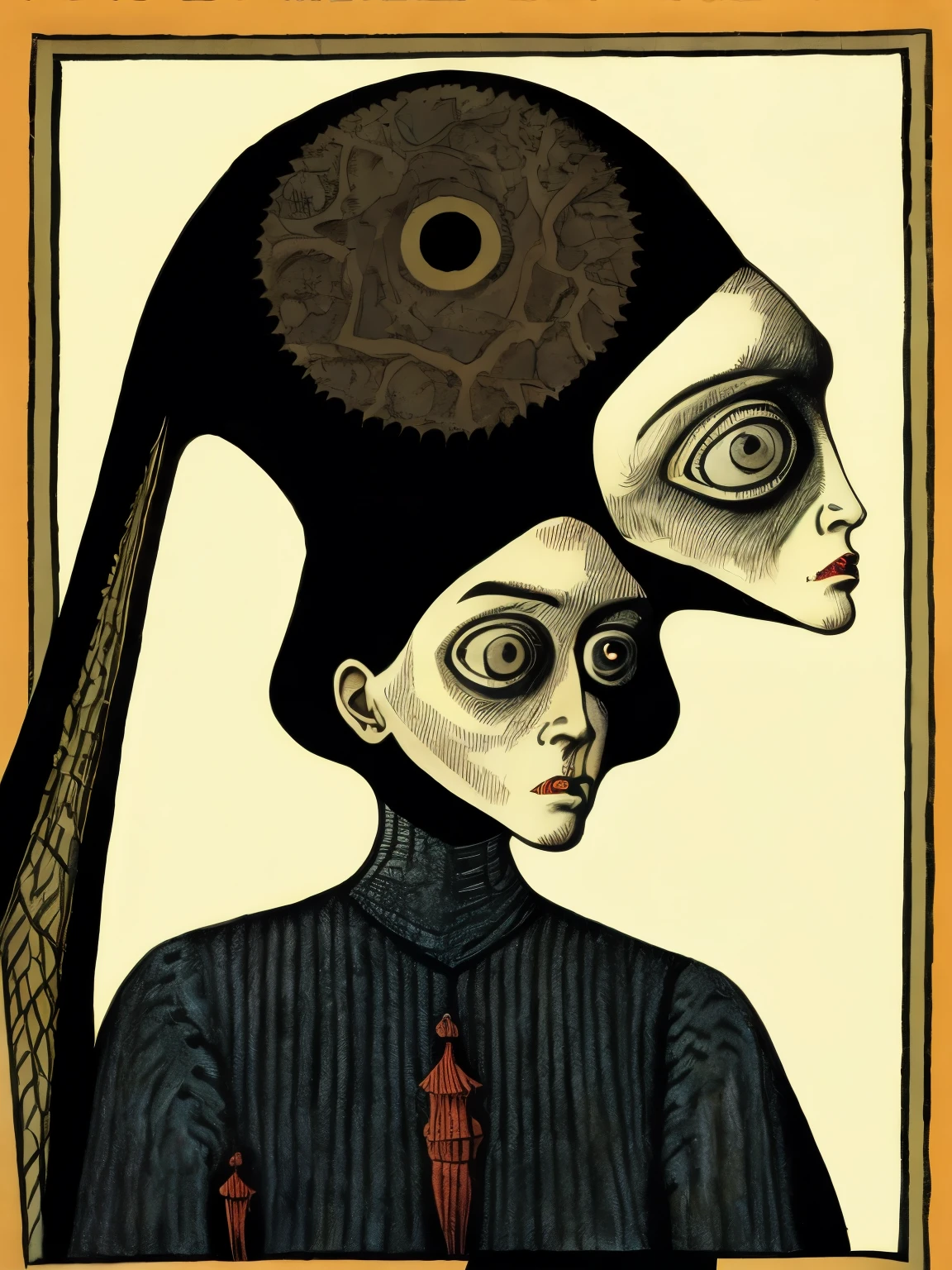 Woman with two heads. terror ,dark tones, horror ,Art decoration, surrealism,90s style by Edward Gorey+ moebius+ m.C Escher