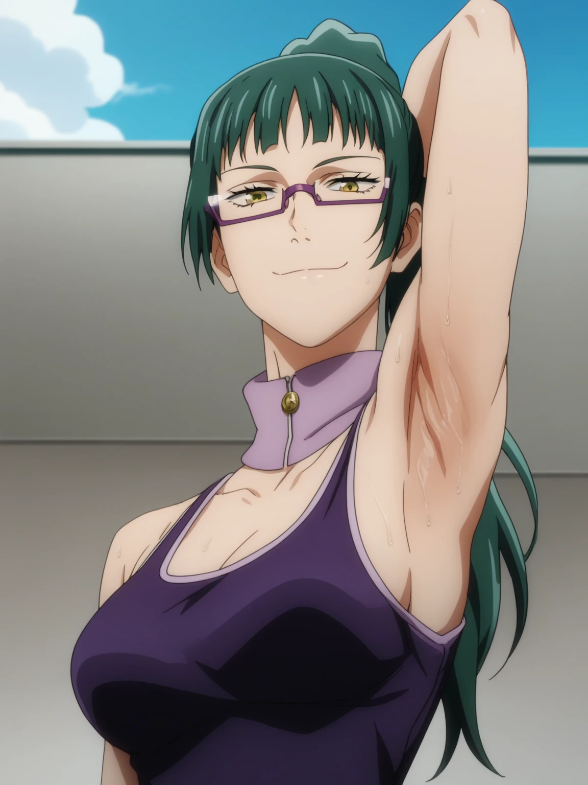 score_9, score_8_up, score_7_up, source_anime, anime screencap, 1girl, solo, celestine, maki zenin, long hair, ponytail,  green hair, yellow eyes, large breasts, purple outfit, turtleneck, glasses, arm behind head, armpit, armpit focus, from side, (from below:1.1), looking at viewer, head towards viewer, smile, closed mouth, badhandv4, outdoors, day, sweaty armpits, sweating