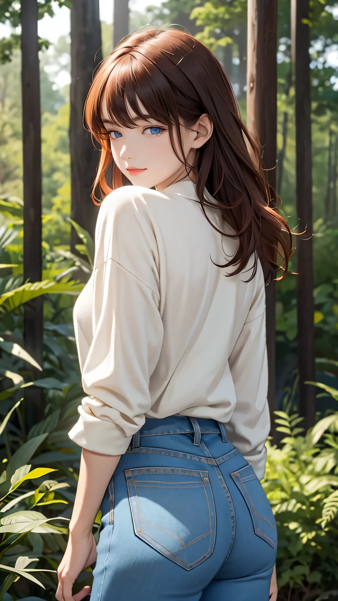 upper body, 1 girl, Centauro Lillieado:1.2),Red hair, Hime brown hair,(cynical eyes, blue eyes), For the,to smile, (embarrassing face) ,forest, forest bottom ,Wearing sweater and jeans pants, master part , extremely detailed CG unit 8k wallpaper, Best Quality ,32K,sharp focus, look at viewers