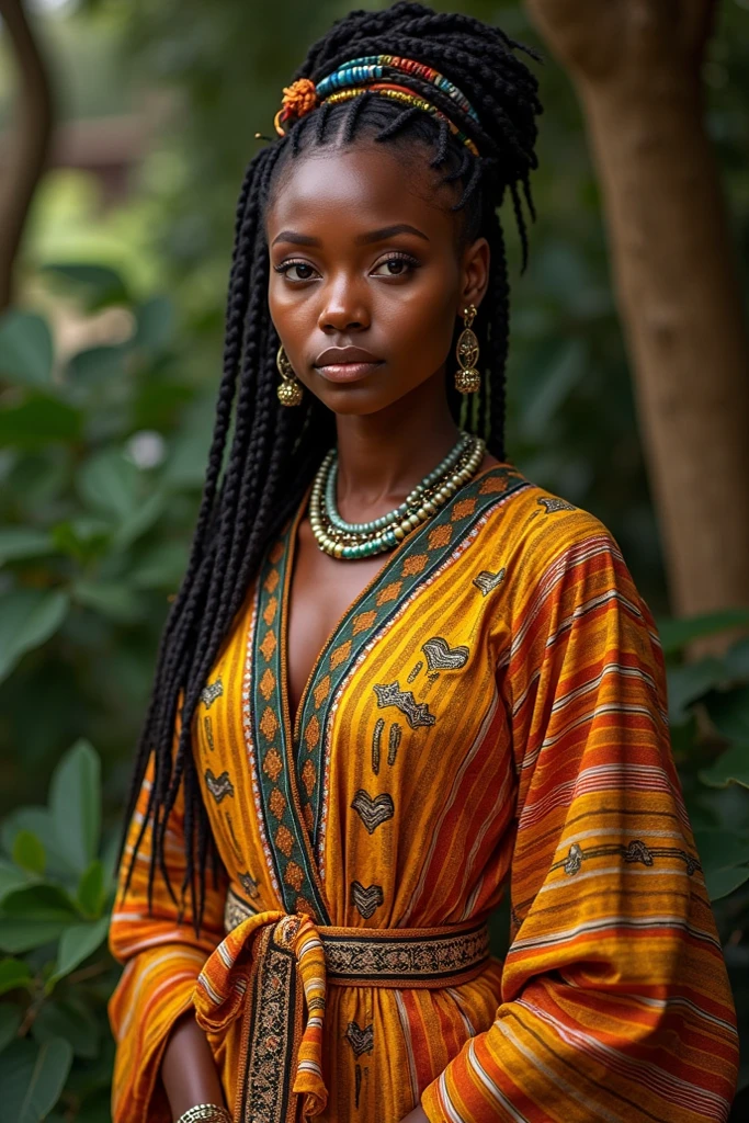 Femme africaine habillée en libaya pagne longue robe de la tête aux pieds