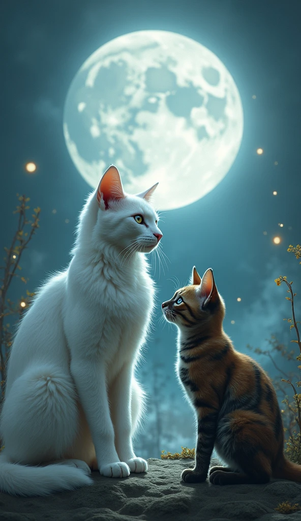 2 cute cats look at the moon from the sheep at night