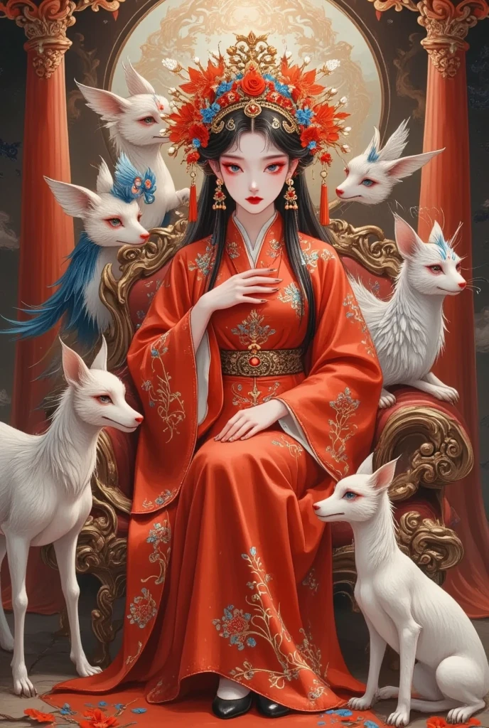 A woman dressed in red sits on a throne with a group of animals, (( a beautiful fantasy queen)),  a beautiful fantasy queen, palace ，  girl in Hanfu, Anime Goddess, ancient Chinese Princess, Chinese Princess, The Queen of China , Chinese, Beautiful character painting,  trending on cgstation ,  Ancient Chinese goddess  , Japanese Goddess,  The detailed painting  