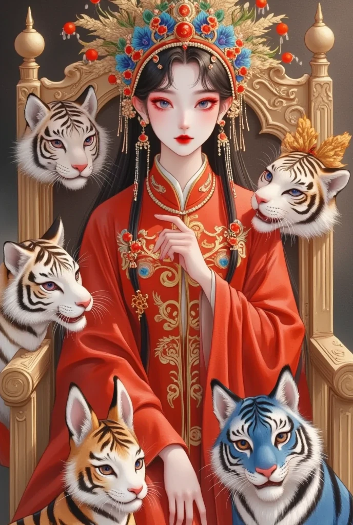 A woman dressed in red sits on a throne with a group of animals, by《Animated paintings inspired by Lan Ying 》启发的动画画作, pixiv, Fantasy Art, (( a beautiful fantasy queen)),  a beautiful fantasy queen, palace ，  girl in Hanfu, Anime Goddess, ancient Chinese Princess, Chinese Princess, The Queen of China , Chinese, Beautiful character painting,  trending on cgstation 