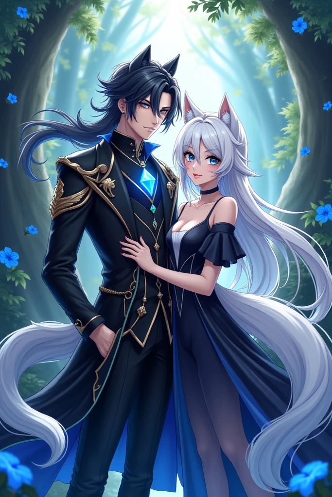 A black haired man with green eyes and fox ears is dancing with a white long haired woman with bunny ears with blue eyes with an hourglass figure with a black satin slip dress in a bar, no color, lineart, line art. manga. no color.