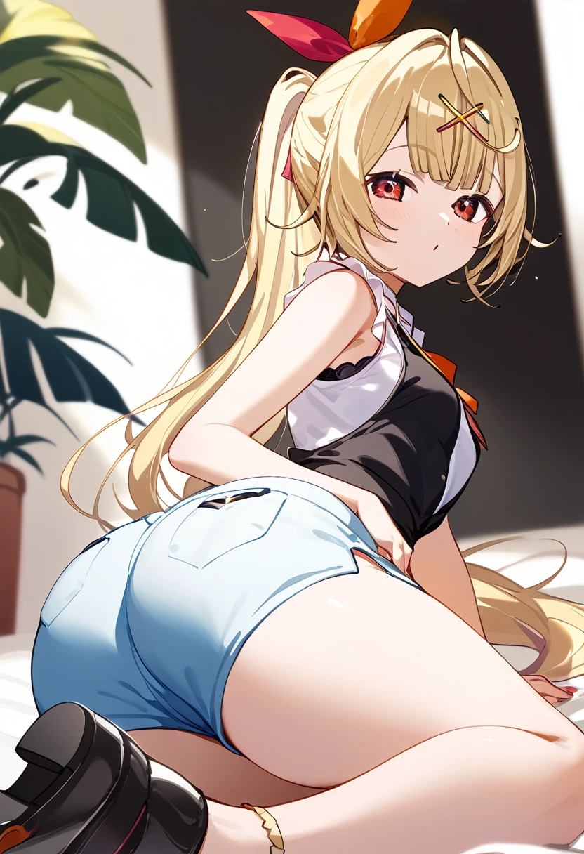 hololive,hoshkawa sara,Nijisanji, sleeveless white t-shirt、Light Blue Shorts 、水色shoes下、shoes、 Blonde ponytail、 bunting hairpins 、Red eyes、black show pants 、I can see your thighs、Big ass、 thighs are thick、ass focus, has small breasts、 M-shaped leg opening