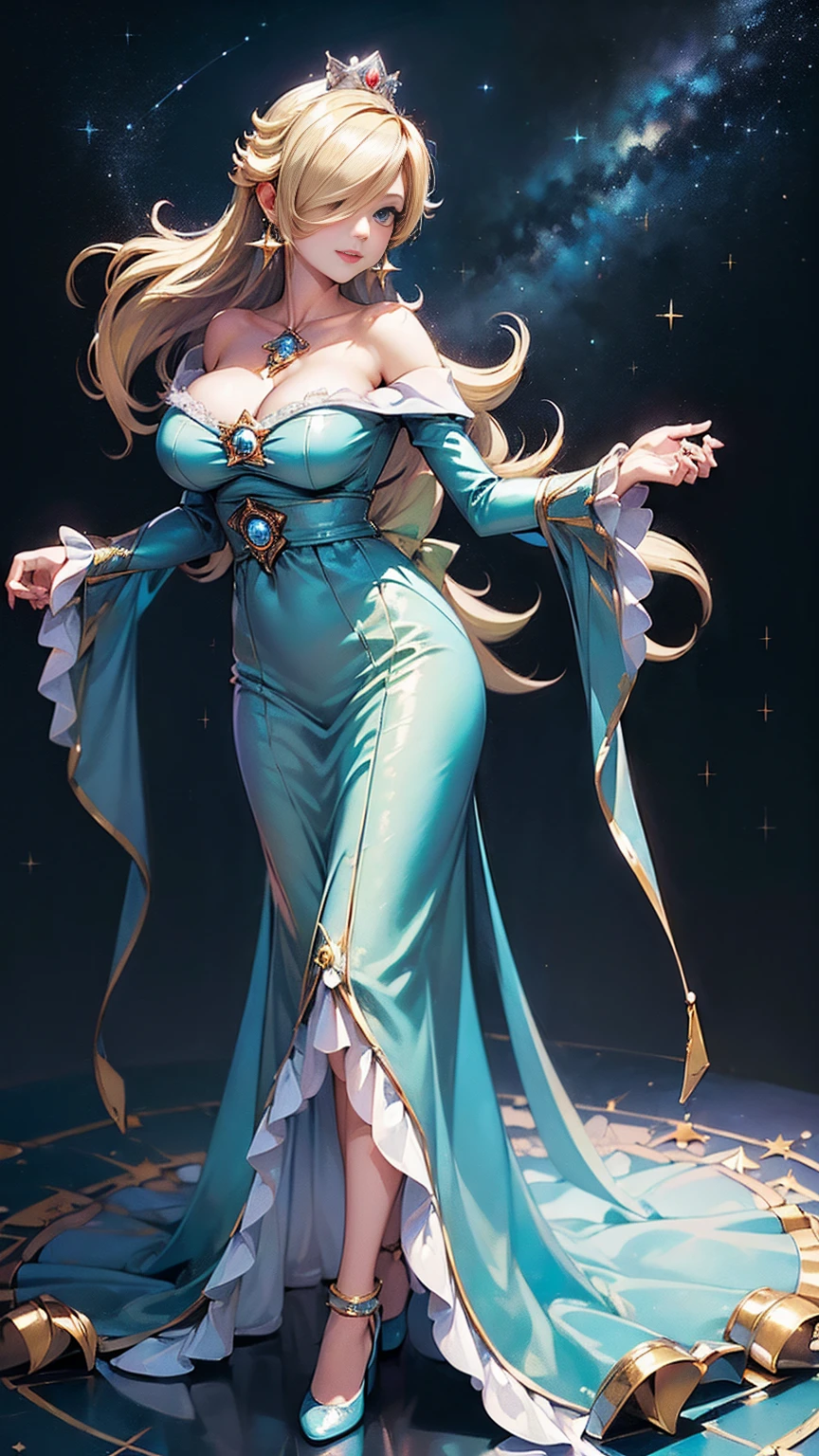 (masterpiece, best quality, high resolution, ((full body, standing,)), ((huge breasts)) an elf woman, pointed ears, blue eyes, red lips, very long blonde hair, (costume full body fantasy, jewelry and accessories, fantasy staff in hands, full body