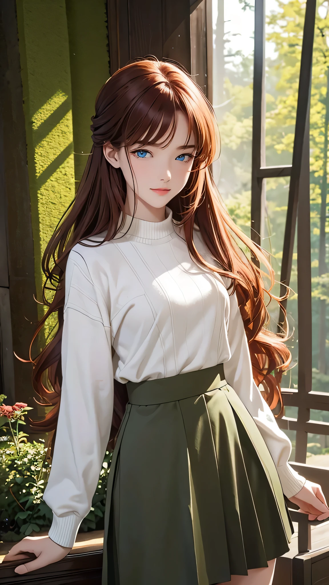 1 girl, Centauro Lillieado:1.2),Red hair, Hime brown hair,(cynical eyes, blue eyes), For the,to smile, (embarrassing face) ,forest, forest bottom ,Wearing sweater and skirt , master part , extremely detailed CG unit 8k wallpaper, Best Quality ,32K,sharp focus, look at viewers