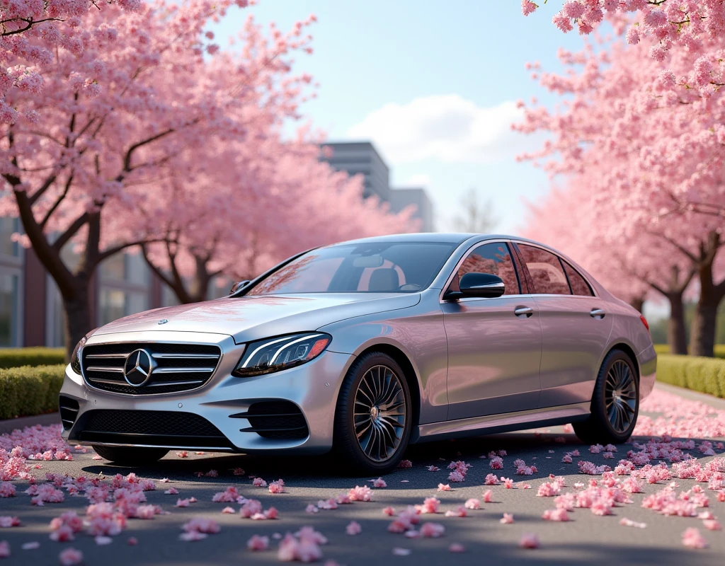 mercedes e200, silver color, spring, sakura