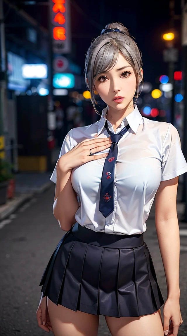 (((Meiko ))),((Stern face))(8k,   RAW photo, masterpiece:1.3), (Realistic, photo-Realistic:1.37), (  knight ), ( Viewers:1.331), (Grey Hair),  pose, tokyo street,   knight cityscape,   Cyberpunk City , Soft light,   1 girl,    beautiful face ,   Bust, Put your hands down, Random hair  style  , Random Expressions, Big Eyes,   Lower abdomen  , (Short sleeve .ＪＫ_ shirt), ＪＫ_  style  , ( dark blue  ＪＫ_ skirt), (bow ＪＫ_tie),  Mix 4.,   best quality,(( skirtめくれている)) pussy、