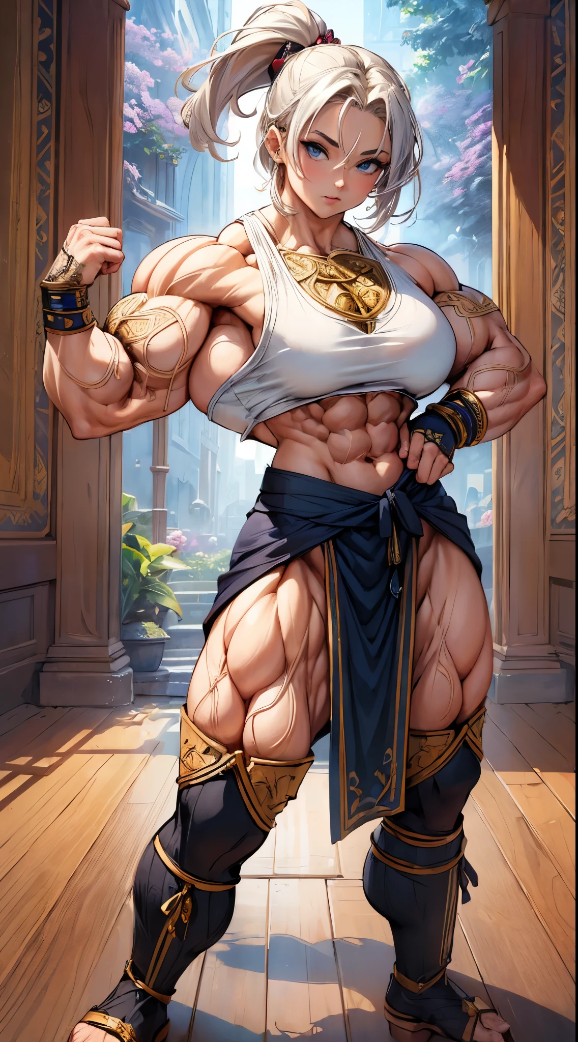 An opai woman,Barba,hair blonde, long hair，Muscle，anger, g-string, in a cage, slave, chained, good looking, Facial spots, Tighten your face, Eyes red, two hands, forehead tattoo, many chains, chained on neck, musclegirl , mulher extremamente musclegirl, Huge body, extremely muscular arms, huge woman, muito musclegirl,