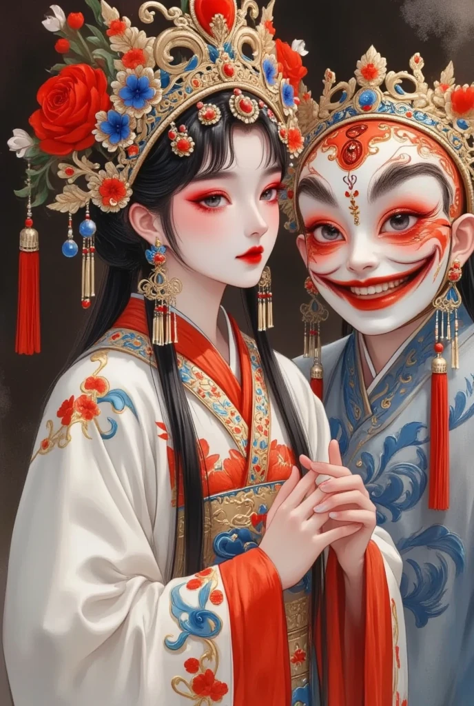 Peking opera actors holding masks，Strange smiles 