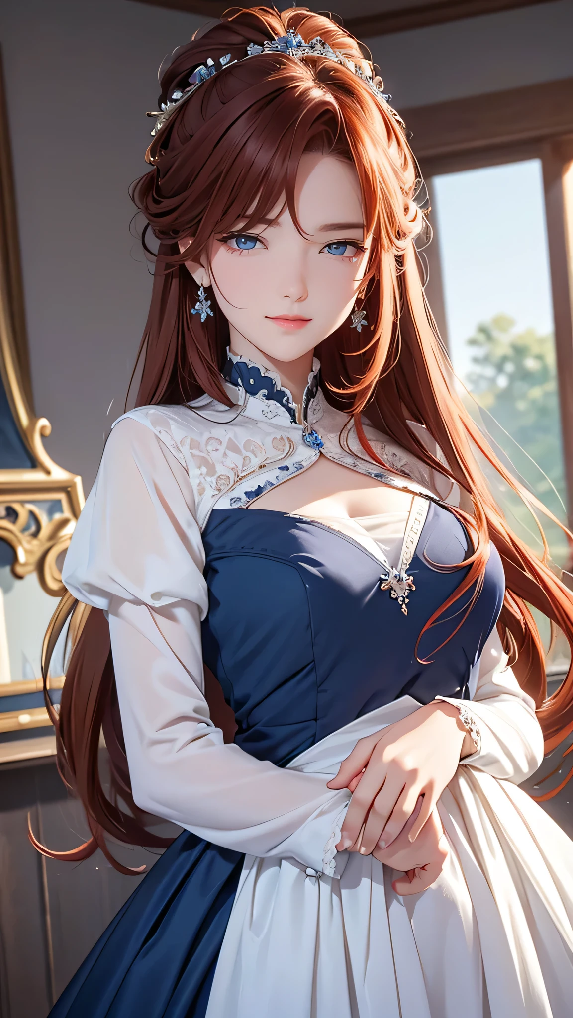 1 girl, Centauro Lillieado:1.2),Red hair, Hime brown hair,(cynical eyes, blue eyes), For the,to smile, (embarrassing face) ,Wearing elegant dress , master part , extremely detailed CG unit 8k wallpaper, Best Quality ,32K,sharp focus, look at viewers