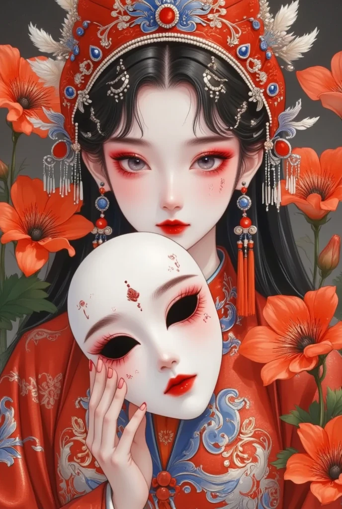 Chinese ancient style，美丽的诡异的京剧演员，Beautiful weird Peking opera actor with a ghost mask in his hand ，In the flowers，Red spider lily，lily