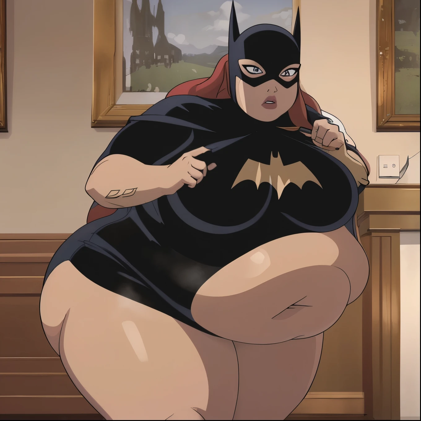 (masterpiece quality1.1), (insanely sophisticated detailed1.2), (realistic detailed beautiful face1.3), (1girl), beautiful face, RAW photo, best quality, high resolution, (masterpiece), POV, Batgirl, DC Comics, skintight Batsuit, Red hair, standing on Gotham City Rooftop, ((enormous belly)), ((incredibly overstuffed belly)), (photorealistic:1.4), dynamic volumetric lighting, professional photography, sharp focus, HDR, 8K resolution, beautiful angular face, high rating, intricate detail, sophisticated detail, depth of field, detailed soft eyes, big eyes, chubby, soft fat, smooth skin, tight clothes, undersized clothes, (correct anatomy1.6), ((hyper swollen belly1.5))