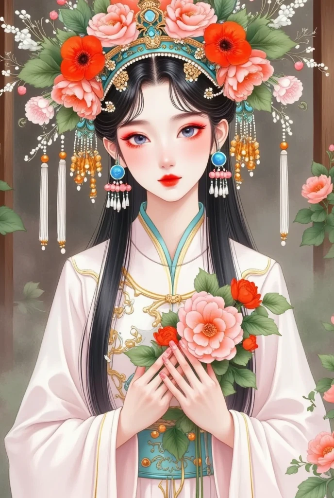 A painting of a woman holding a mask in front of a flower, palace ，  girl in Hanfu,  Ancient Chinese Art Style , 8K)), Middle Yuan Festival,  artwork taking into account Wei style , Chinese, Chinese Princess, ancient Chinese Princess, Oriental art style, Chinese Fantasy, Yu Zhiding, artstrationTrend 