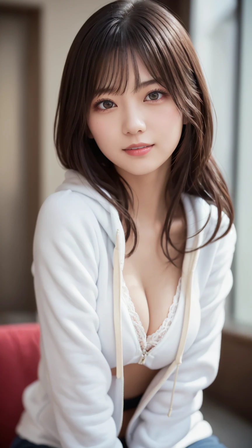 (Thick hoodie : 1.3), beautiful目, Idol, Feminine dark hair , ( Delicate and realistic hair, 1 1 Realistic Hair), bangs,  natural colored lips, smile, ((white indoor)), indoor, ( 18 year old female  : 1. 2),  young and adorable Japanese face,  Official Art,  high definition  CG Unity 8k 壁紙, (masterpiece: 1.0) , ( best quality: 1. 0), ( best quality: 1. 0), Ultra  high definition ,4K, Very detailed,  Photos Volume Unlocked ,8k, NFFS, high definition , Kodak Portrait 400, Film Grain, lens flare グロー, best quality,8k, NFFS:1. 2),  as a portrait shot,8k, Show viewer , ((masterpiece)), (( best quality)), ( super detailed), ((cute)), (Nice), (( sexy)), (( Very detailedな)), (detailed clothing features), 4K, (8k), (beautiful), Illustration, beautiful日本人の女性, ((1 female)), beautiful black hair, (Long Hair:1.2), ((beautiful eyes)),  lens flare, (((Front View))), ((facing))、(Bold Cleavage : 1.3)