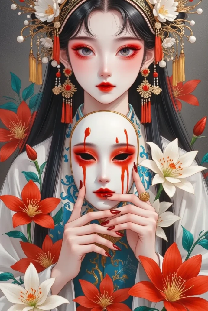 Chinese ancient style，Beautiful weird Peking opera actor ，Professional， holds a crying ghost mask in his hand，Red nails，In the flowers，Red spider lily，lily