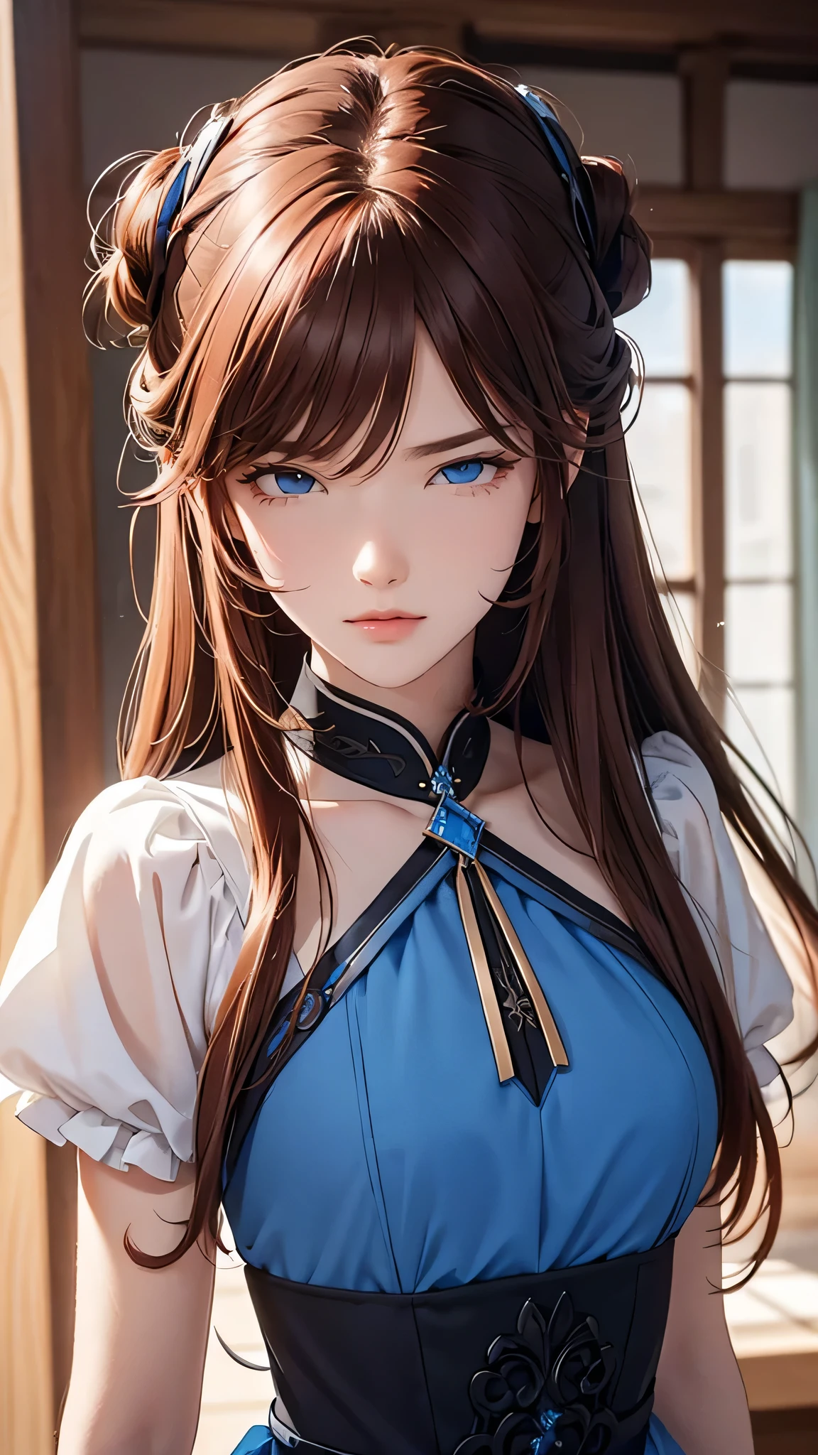 1 girl, Centauro Lillieado:1.2),Red hair, Hime brown hair,(cynical eyes, blue eyes), For the,angry, (embarrassing face)  ,Wearing elegant dress , master part , extremely detailed CG unit 8k wallpaper,  Best Quality ,32K,sharp focus, look at viewers
