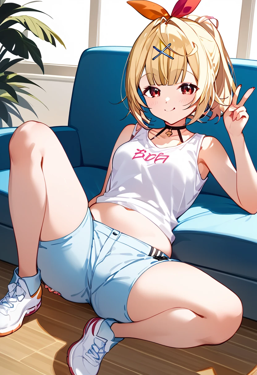 hololive,hoshkawa sara,Nijisanji, sleeveless white t-shirt、Light Blue Shorts 、水色shoes下、shoes、 Blonde ponytail、 bunting hairpins 、Red eyes、black show pants 、I can see your thighs、Big ass、 thighs are thick、 has small breasts、 spread your legs wide 、Put your finger on your crotch for an inverted V sign