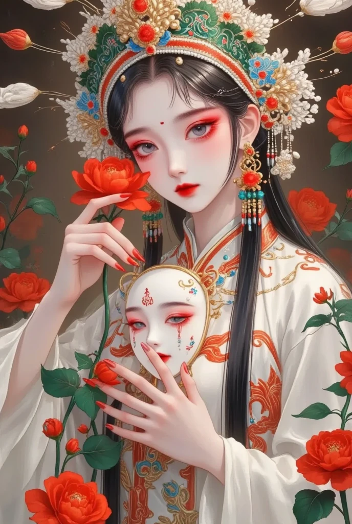 Chinese ancient style，In the flowers一位美丽的京剧演员，Professional， holds a crying ghost mask in his hand，Red nails，In the flowers，Red spider lily，lily，Red filigree chrysanthemums 