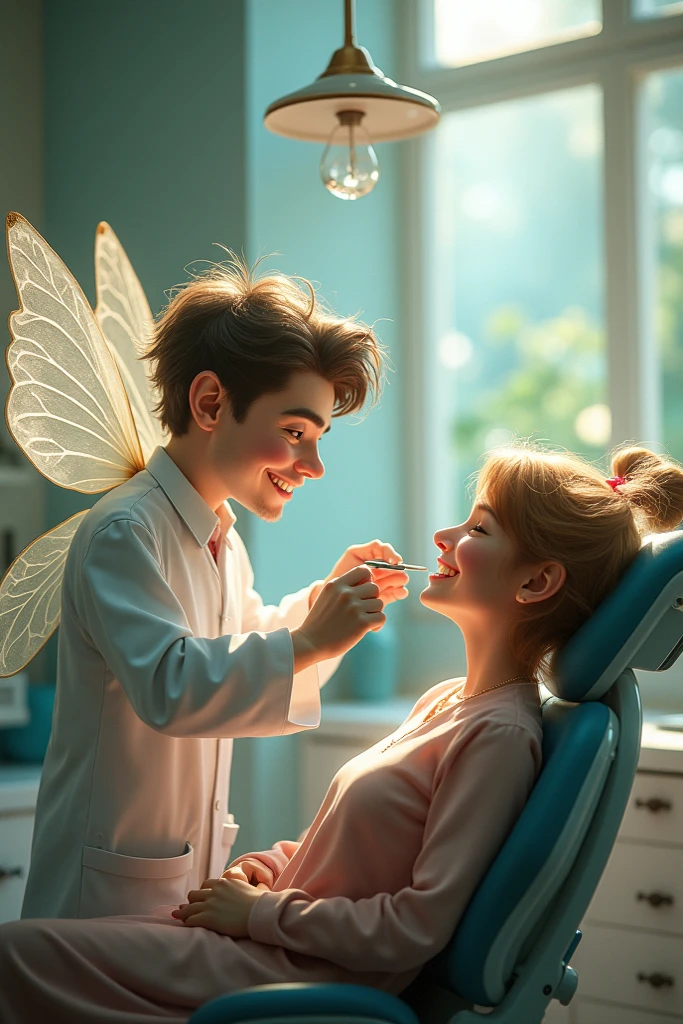 a pixie man kisses a tall fairy under a magic mushroom