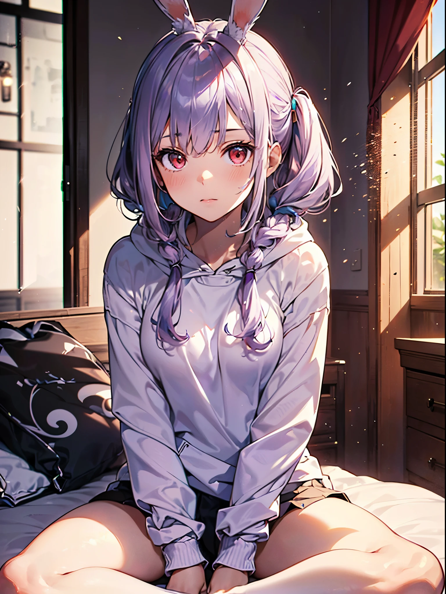 (Close-up:1.3),Realistic,Highest quality, Super detailed, High-quality CG rendering, The most delicate and beautiful, Floating softly, High resolution, (1 girl), (Highest quality,4K,8K,masterpiece:1.2 Light purple hair,(Hair in a bun:1.5),Red eyes,(Pure white oversized short sleeve T-shirt:1.3),(Black skinny jeans:1.3),Small room,bed,(bedに座っている:1.4)