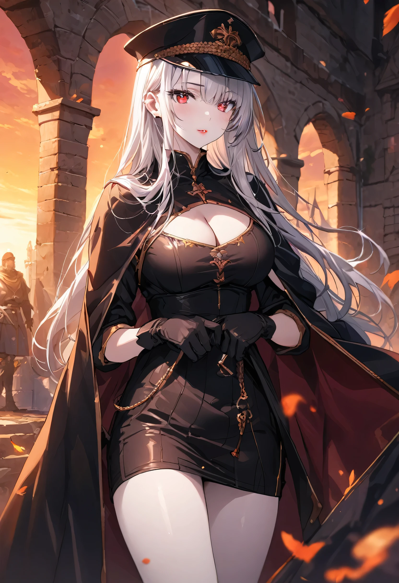 ((Masterpiece)), ((Masterpiece_portrait)), ((Best_qulity)), highres, distinct, distinct_image, hyper_detail, (detailed_face : 0.8), perfect_fingers, novel illustration, 1girl, solo, Lawful_Evil, soldier, white_hair, very_long_hair, hair_over_one_eye, slightly covered, bangs_in_girl_left_ear, red_eyes, frightening eyes, red_lips, tall, slender, slenderwaist, white_skin, large_breasts, veiny_breasts, arm_cutout, cleavage_cutout, cleavage_cutout, peaked_cap, miniskirt, black_leather_gloves, military_uniform, military_uniform_cape_lift, hands_in_pockets, cowboy_shot, sunset, setting_sun, medieval, Fantasy, 