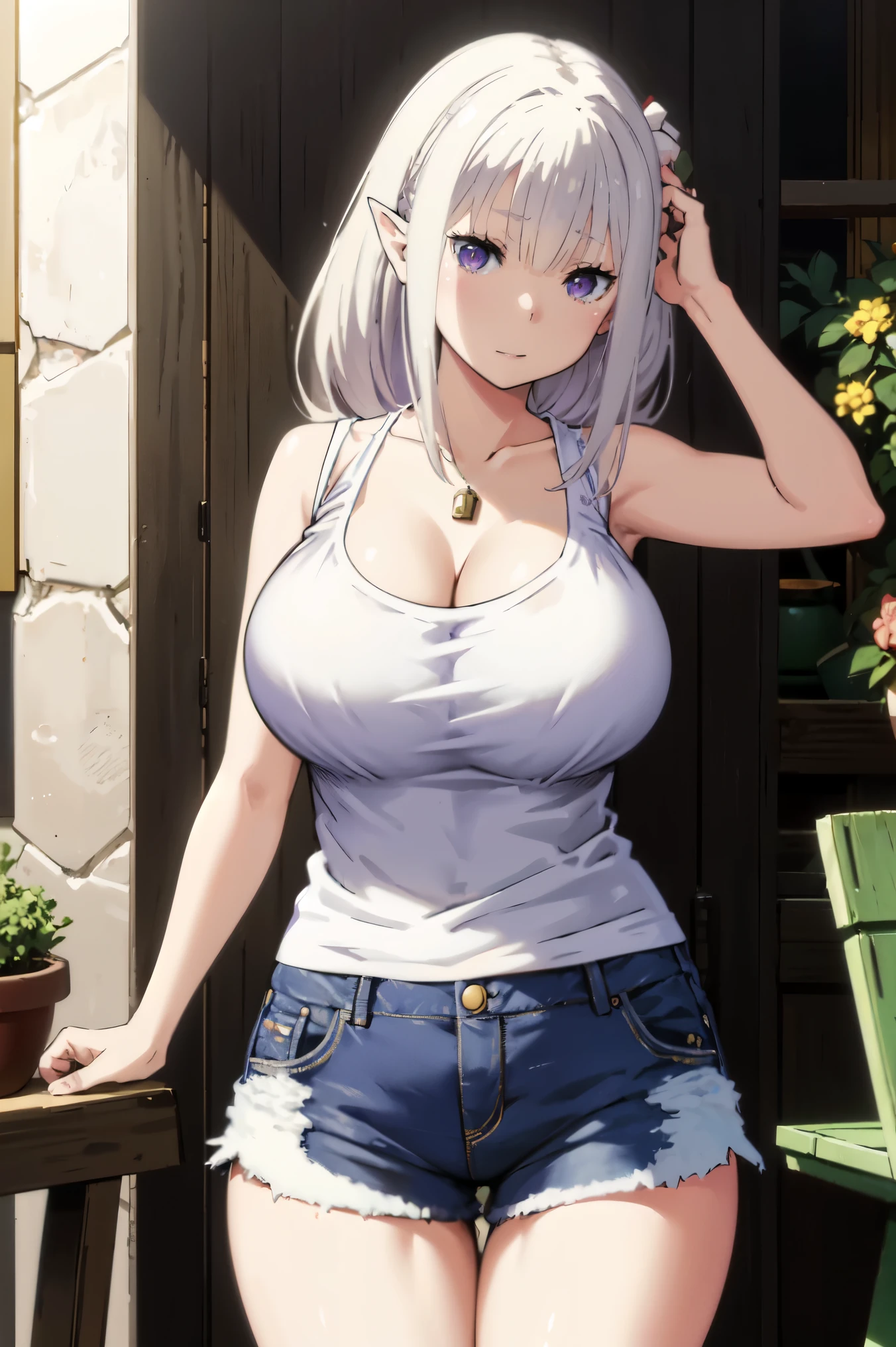 Blonde hair, big tits , ((white tank top, short pants jeans)), (((thick))), busty, purple eyes, elf ears, flower hairclip,  hairclip, long hair, silver hair, upperbody, smile, cleavage,legs, thigh, flower garden