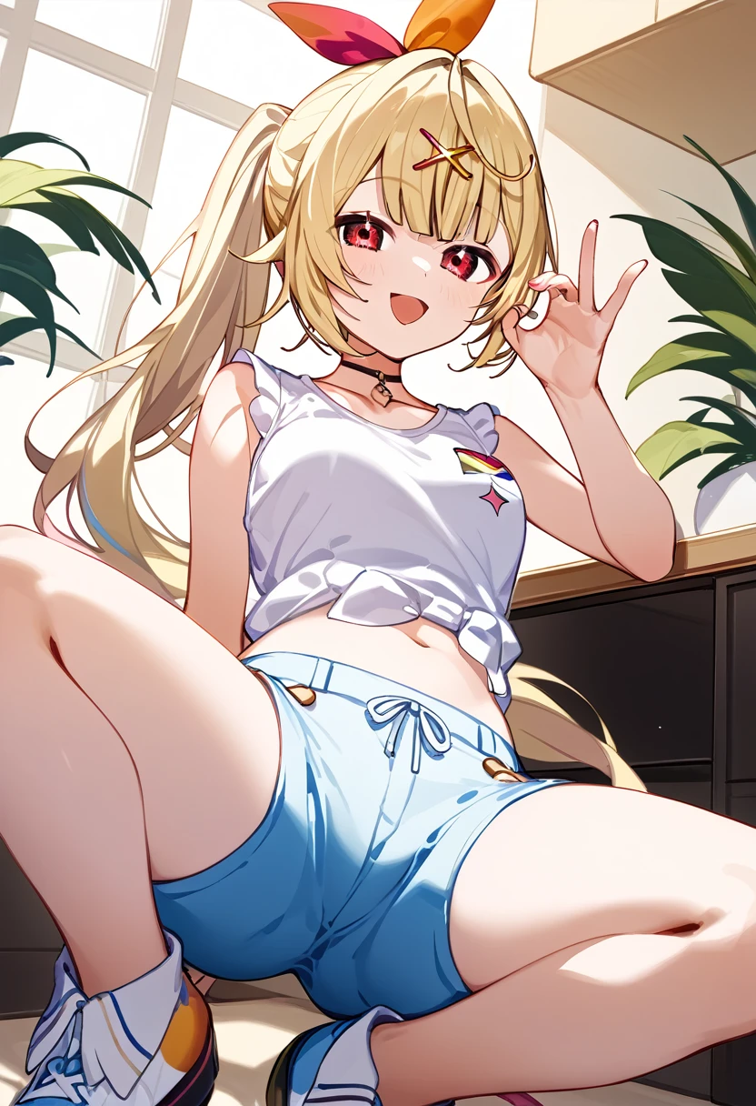 hololive,hoshkawa sara,Nijisanji, sleeveless white t-shirt、Light Blue Shorts 、水色shoes下、shoes、 Blonde ponytail、 bunting hairpins 、Red eyes、black show pants 、I can see your thighs、Big ass、 thighs are thick、 has small breasts、 spread your legs wide 、Gesture to widen the vagina with a finger in the crotch