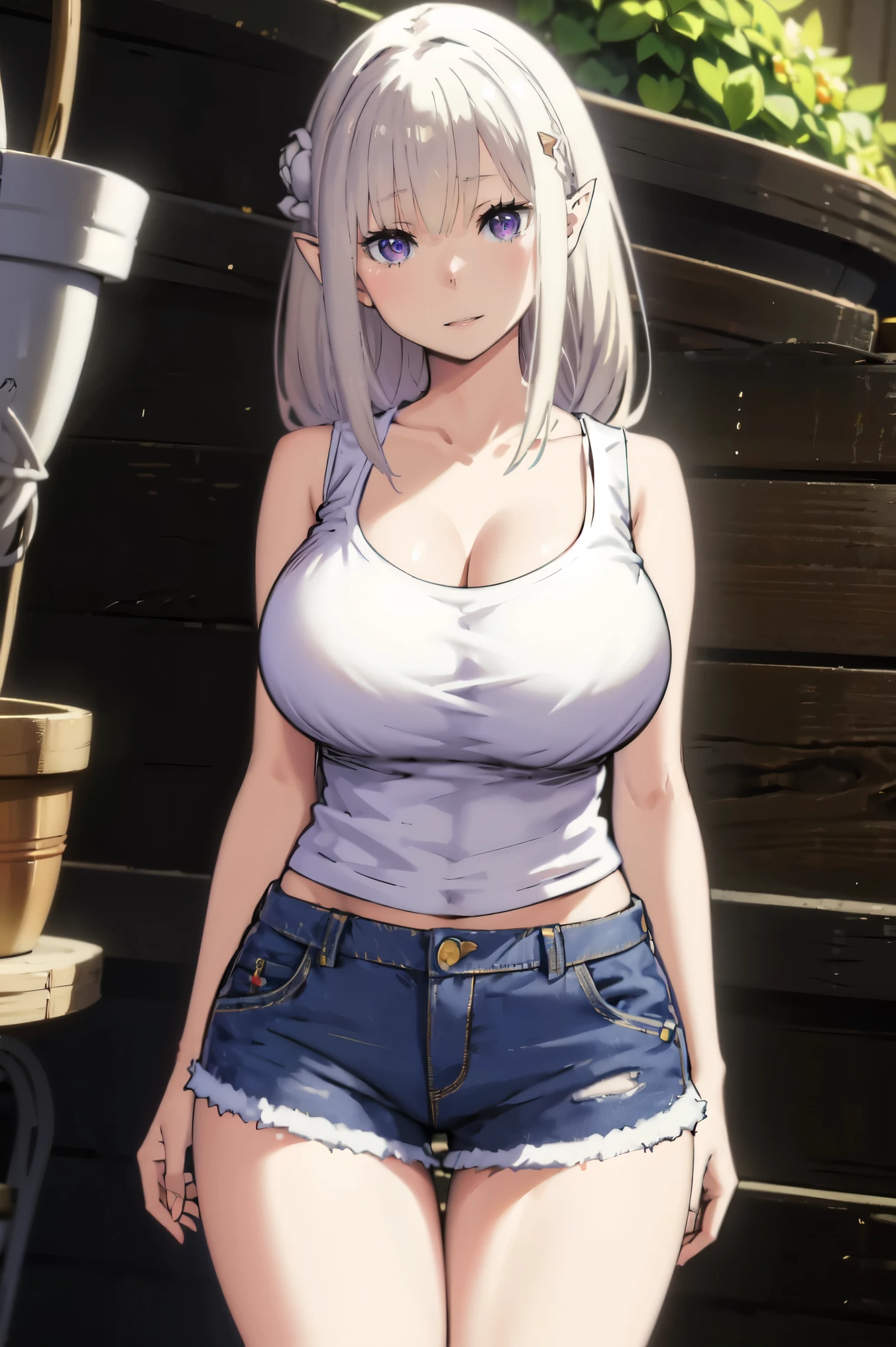 Blonde hair, big tits , ((white tank top, short pants jeans)), (((thick))), busty, purple eyes, elf ears, flower hairclip,  hairclip, long hair, silver hair, upperbody, smile, cleavage,legs, thigh, flower garden