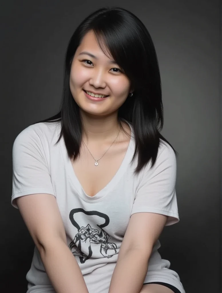 Pretty asian woman happy and smile, necklace, updo hair, she wearing very thin white t-shirt, (( her black bra clearly visible through clothes)), visible bra lines, (big breasts) , (side pose, focused on her big breasts), gradient black-grey background