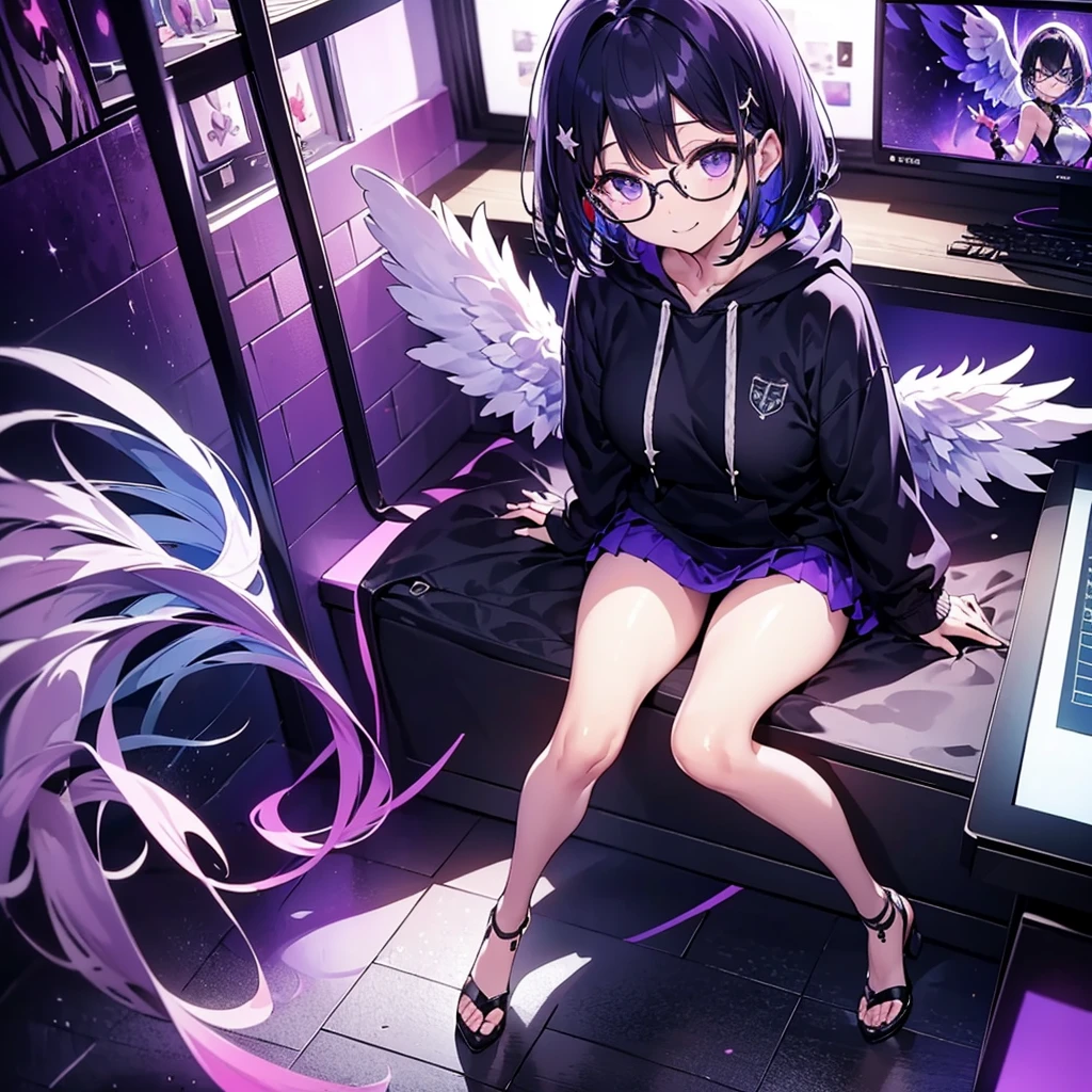 solo1.3、Palms facing up 1.7、 Max Image、Bird's-eye view from above composition 1 .3、Seiko no Hand 1 .3、 black bob cut 、 sitting on the purple cube in front of the monitor 、black simple hoodie and purple mini skirt 1.6、 Fleshy Thighs 1 .3、Angel Girl Sandalphone 1 .4、Confident smile without opening 1 .1、black rimmed glasses 1.4、dark room 1 .6