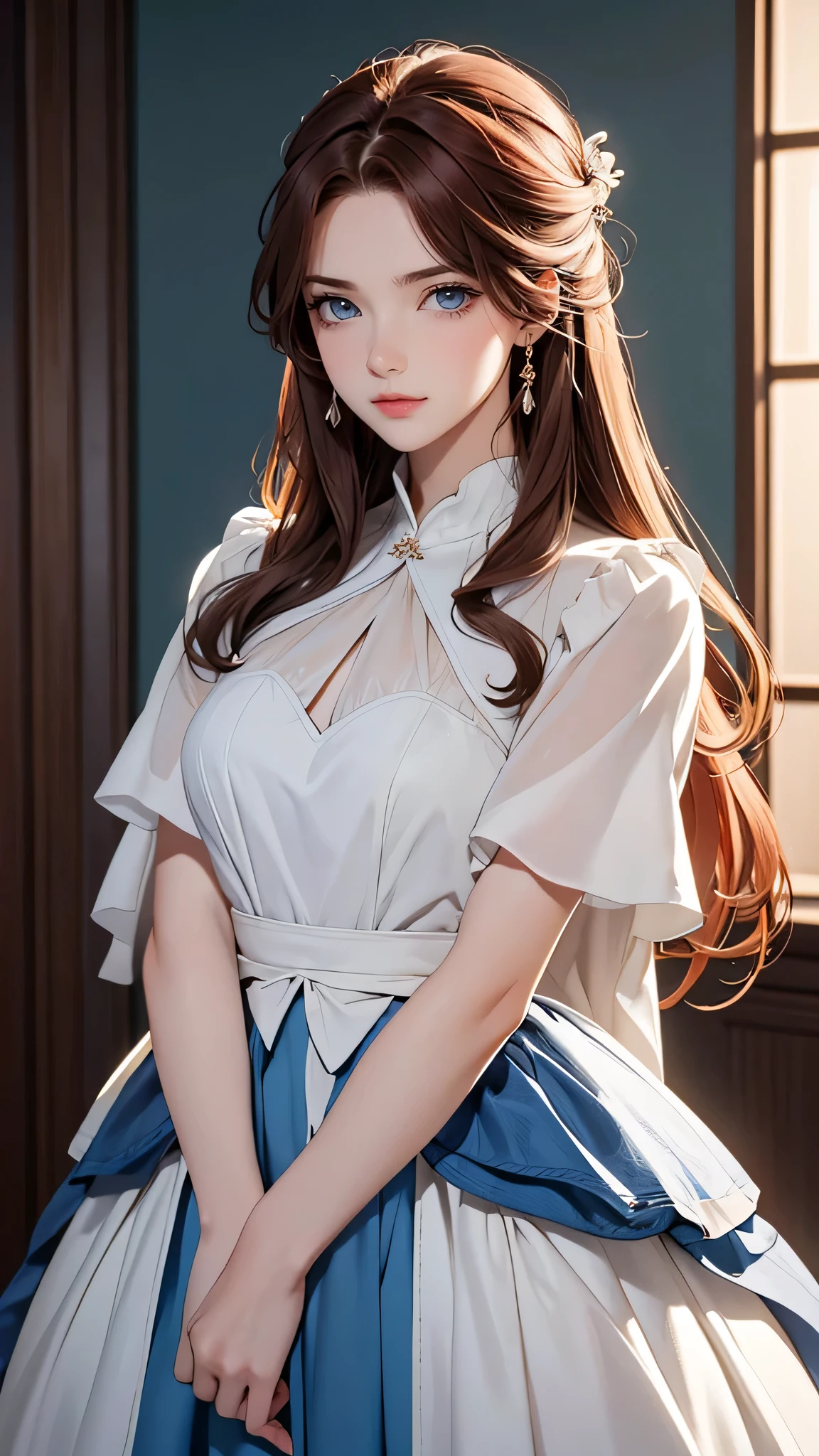 1 girl, Centauro Lillieado:1.2),Red hair, long stright brown hair,(cynical eyes, blue eyes), For the,angry, (embarrassing face) ,Wearing elegant dress , master part , extremely detailed CG unit 8k wallpaper, Best Quality ,32K,sharp focus, look at viewers