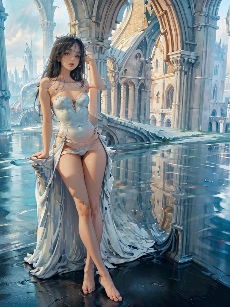 ((aeolian)), 1 girl, beautiful face, Princess, (naked), very long black hair, slim body with long legs, shiny skin, winter background, wearing high heels, camera view from the side, full body view, sitting on table