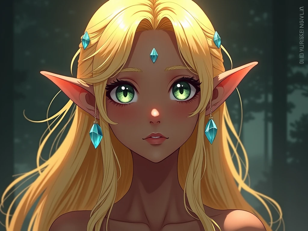 Blonde long hair elf girl anime dark skin with gems in her hair - SeaArt AI