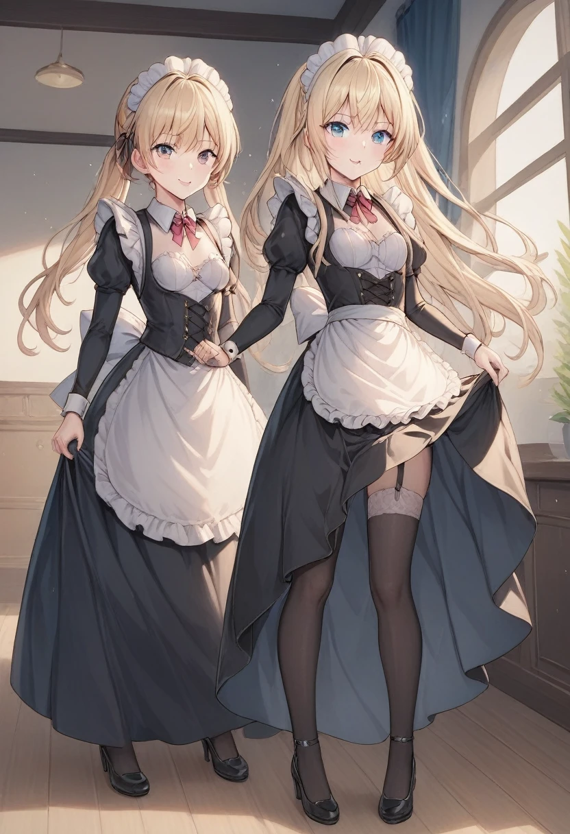 score_9, score_8_up, score_7_up, score_6_up, score_5_up, score_4_up,evaluation_explicit,source_anime, 
BREAK 
Full body image 
BREAK 
Only girls
BREAK 
Long skirt,maid outfit,Small breasts、Height:120cm 
BREAK
Long skirt,maid outfit,garter belt,Lace pants, no bra
BREAK
Maid Being Violated
BREAK
羞恥心、頬が赤い 
BREAK 
Lifting her skirt to reveal her lower body